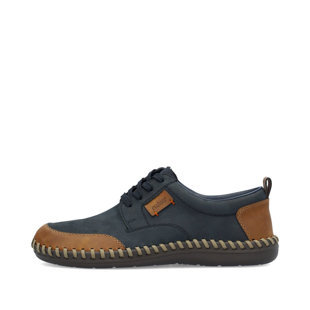 Steel blue Rieker men´s lace-up shoes B2400-14 with brown stitching. Outside of the shoe.