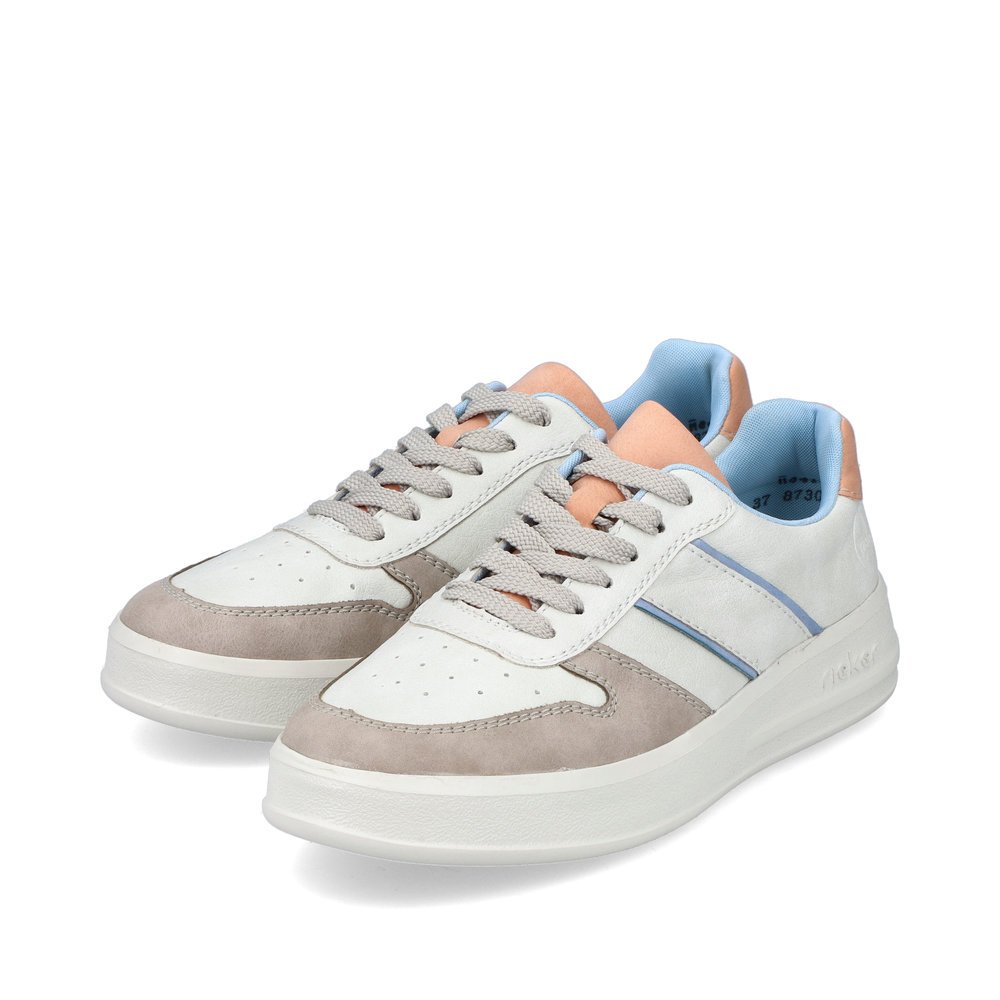 White vegan Rieker women´s low-top sneakers M8410-60 with lacing. Shoes laterally.
