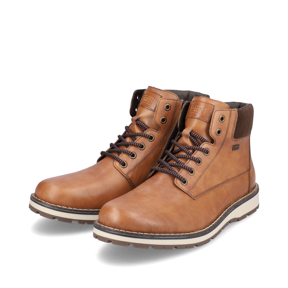 Nougat brown Rieker men´s lace-up boots 38405-24 with robust profile sole. Shoe laterally