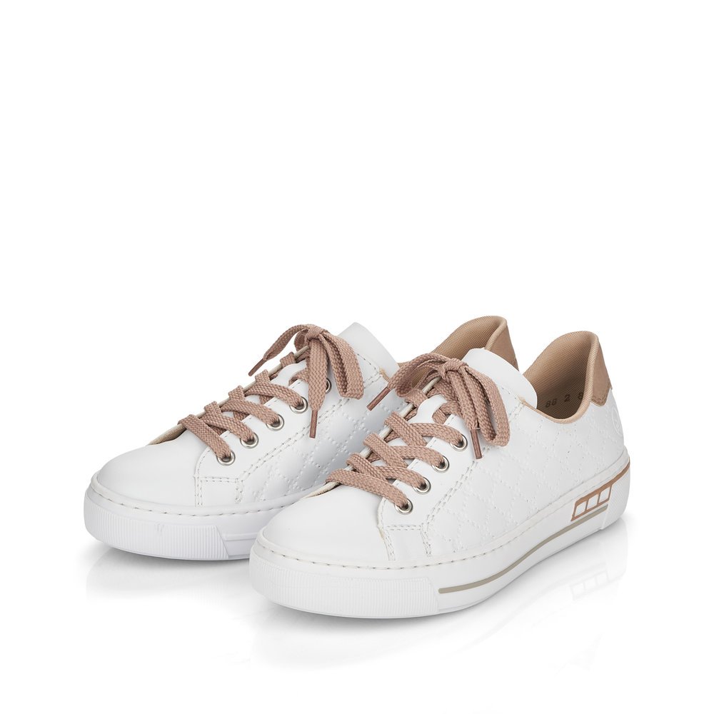 Pearl white Rieker women´s low-top sneakers L88W2-80 with lacing. Shoes laterally.