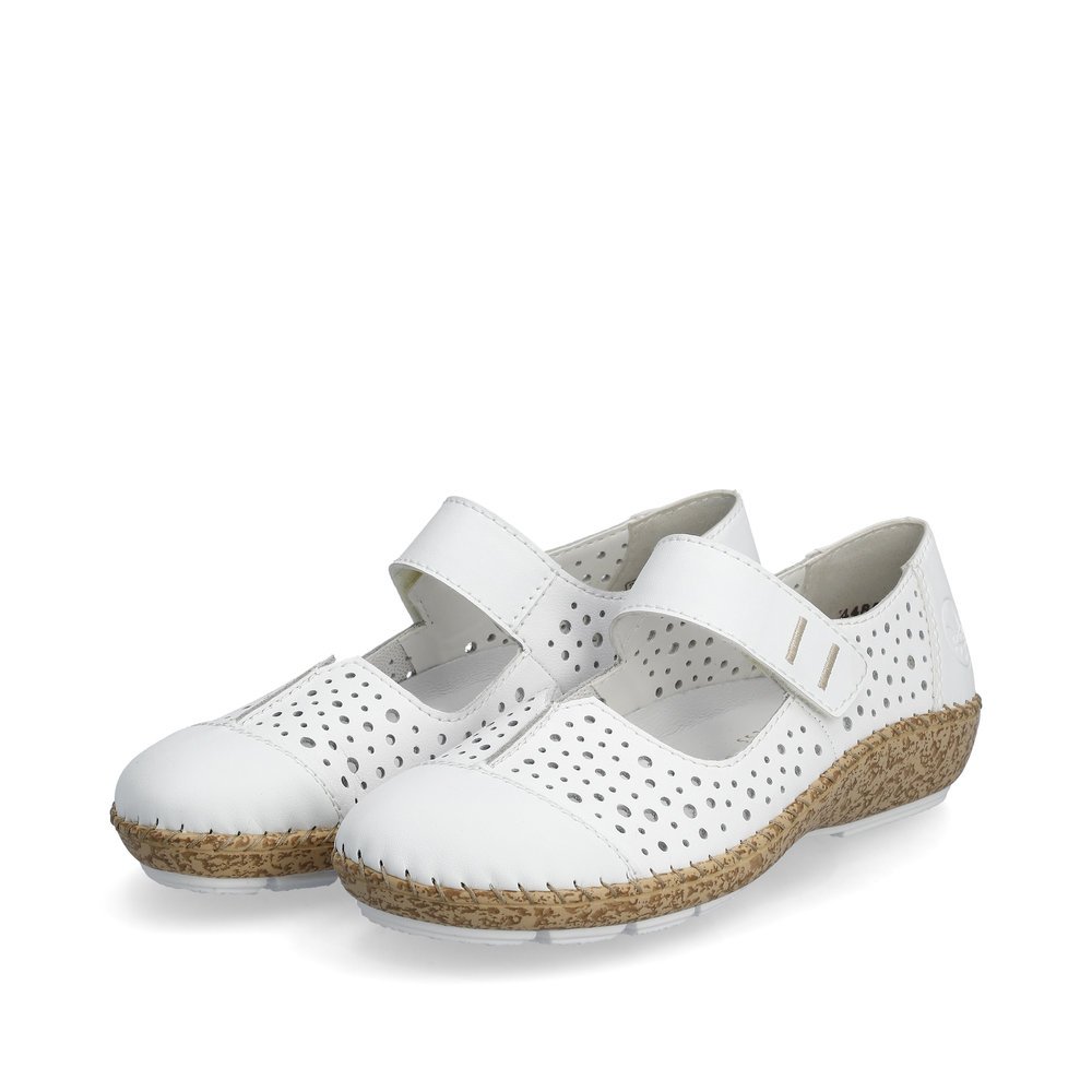 Snow white Rieker women´s ballerinas 44880-80 with a hook and loop fastener. Shoes laterally.