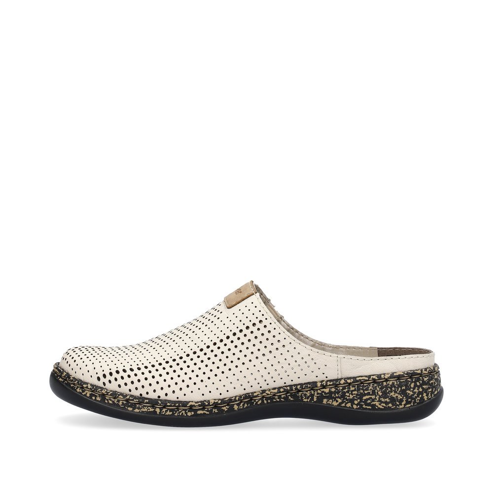 Sand beige Rieker women´s clogs 46334-60 in perforated look. Outside of the shoe.