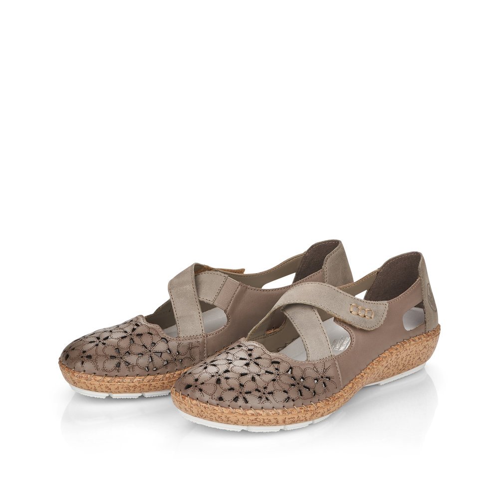 Clay beige Rieker women´s ballerinas 44856-64 with a hook and loop fastener. Shoes laterally.