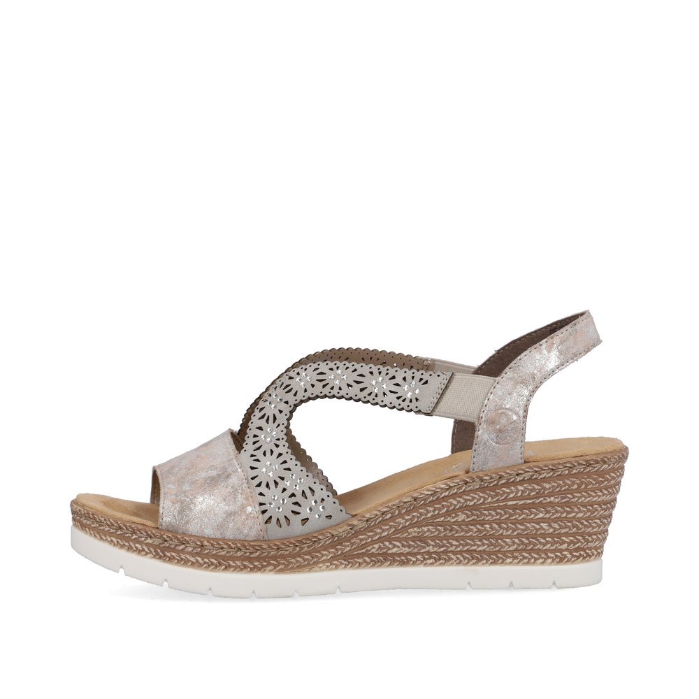 Metallic Rieker women´s wedge sandals 61916-91 with an elastic insert. Outside of the shoe.
