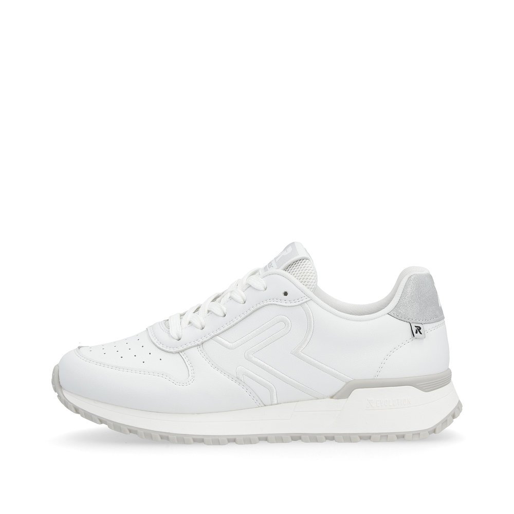 White Rieker women´s low-top sneakers W0606-80 with a grippy and light sole. Outside of the shoe.
