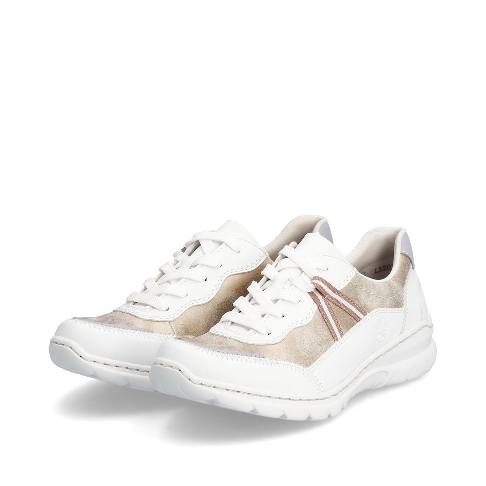 Snow white Rieker women´s low-top sneakers L3201-80 with lacing. Shoes laterally.
