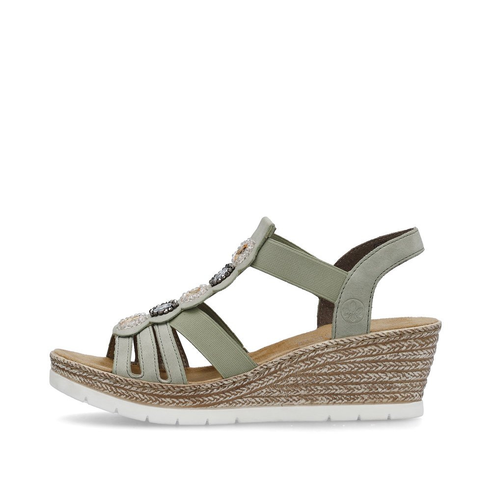 Light green Rieker women´s wedge sandals 619B2-52 with an elastic insert. Outside of the shoe.