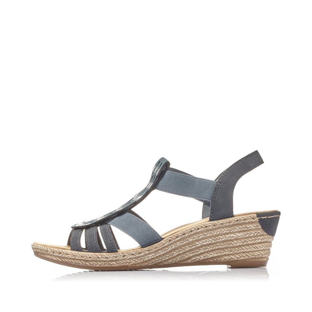 Navy blue Rieker women´s wedge sandals 62436-14 with an elastic insert. Outside of the shoe.