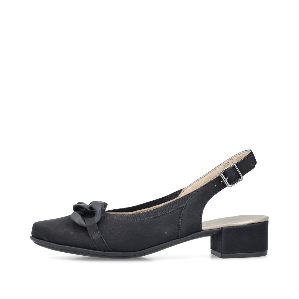 Black Rieker women´s slingback pumps 47068-00 with buckle as well as black chain. Outside of the shoe.