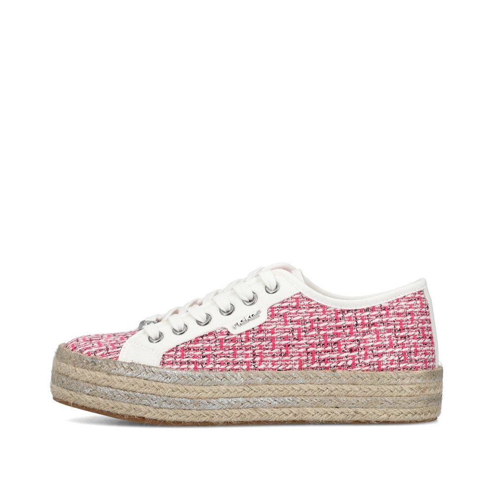 Rieker chaussures à lacets roses pour femmes 94000-31 avec aspect coton. Côté extérieur de la chaussure.