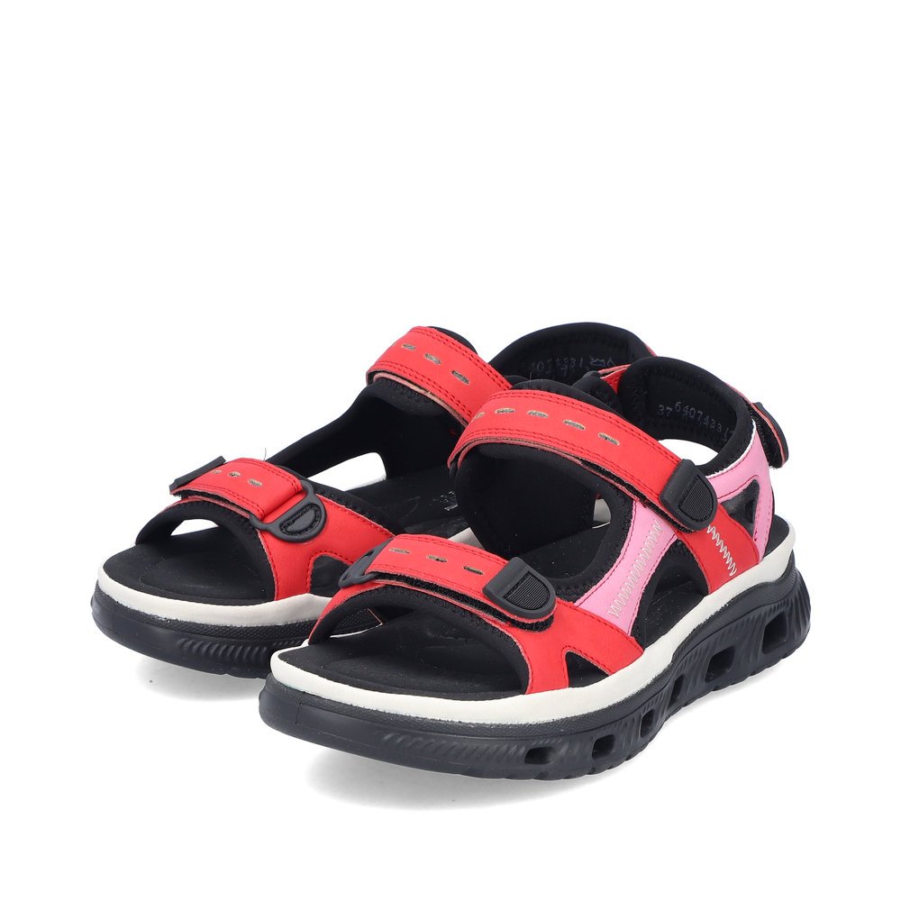 Fire red Rieker women´s hiking sandals 64074-33 with a flexible sole. Shoes laterally.