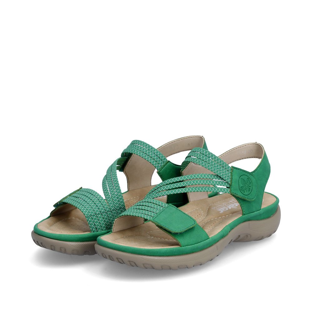 Grass green Rieker women´s strap sandals 64870-54 with a hook and loop fastener. Shoes laterally.