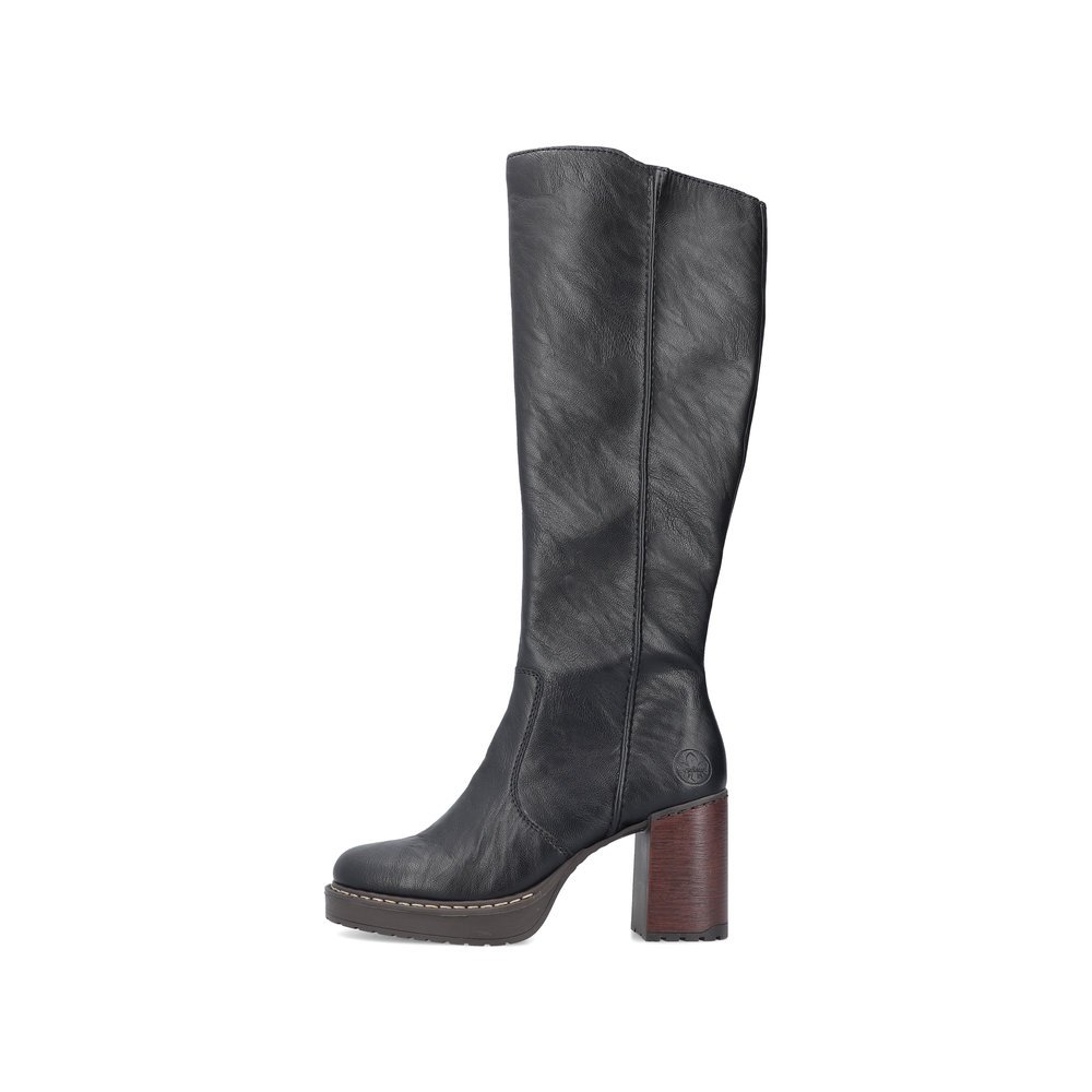 Jet black Rieker women´s high boots Y4190-00 with a zipper as well as a block heel. The outside of the shoe