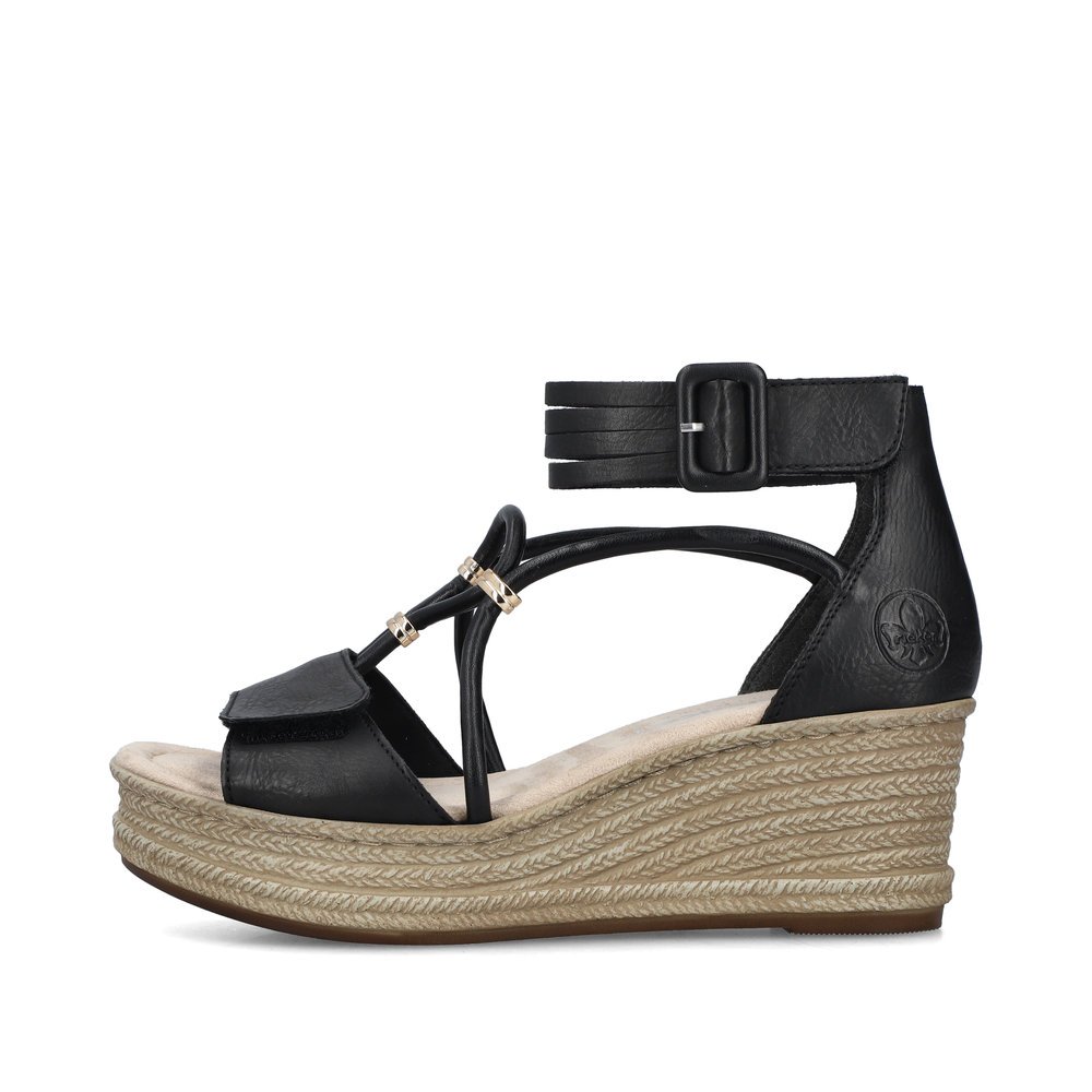 Asphalt black Rieker women´s wedge sandals 68794-00 with a hook and loop fastener. Outside of the shoe.