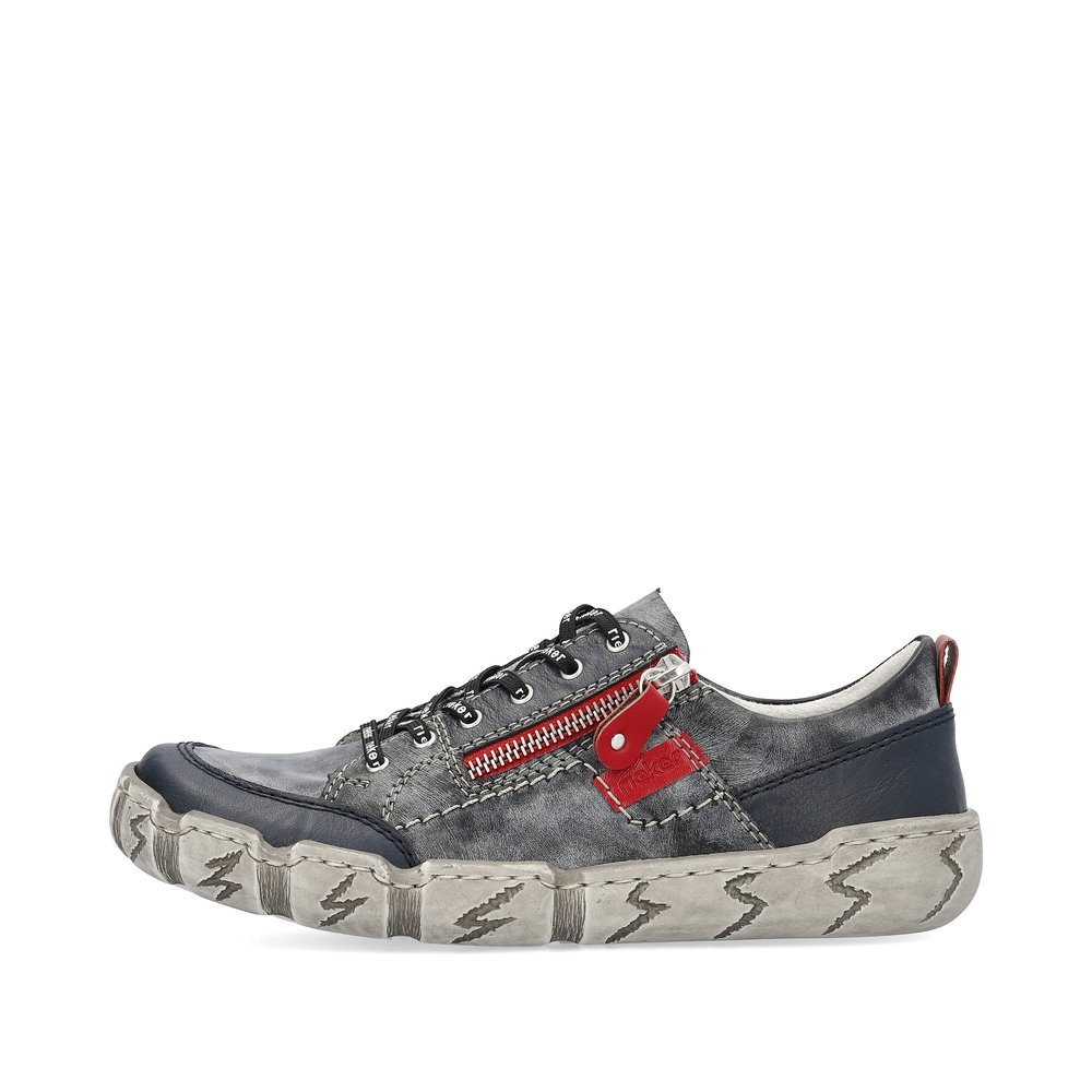 Blue Rieker women´s lace-up shoes L0302-14 with zipper as well as lightning pattern. Outside of the shoe.