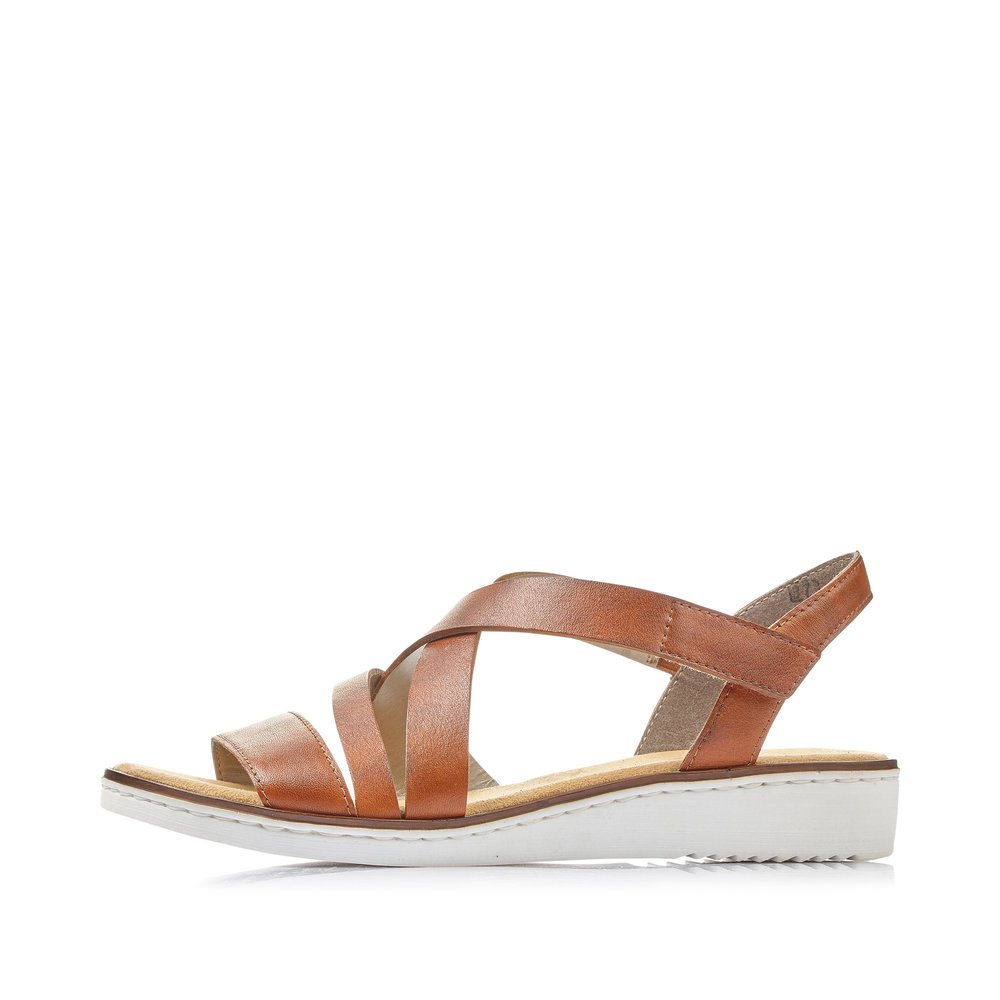 Mocha-colored Rieker women´s wedge sandals 63663-24 with a hook and loop fastener. Outside of the shoe.
