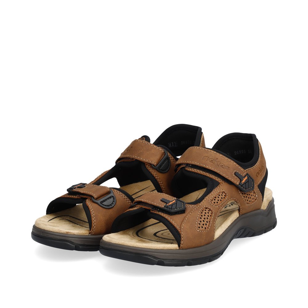 Brown Rieker men´s hiking sandals 26955-24 with a hook and loop fastener. Shoes laterally.