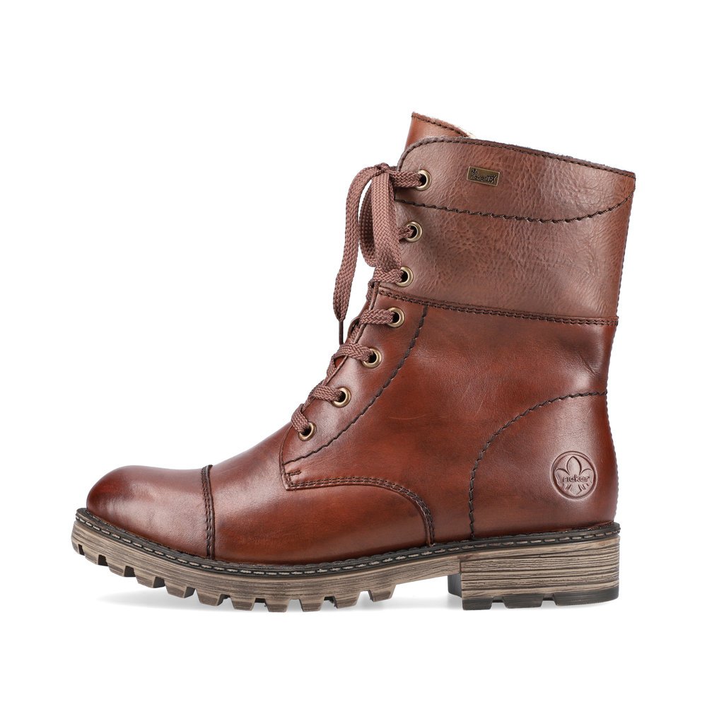 Chocolate brown Rieker women´s biker boots Y6723-25 with lacing and zipper. The outside of the shoe