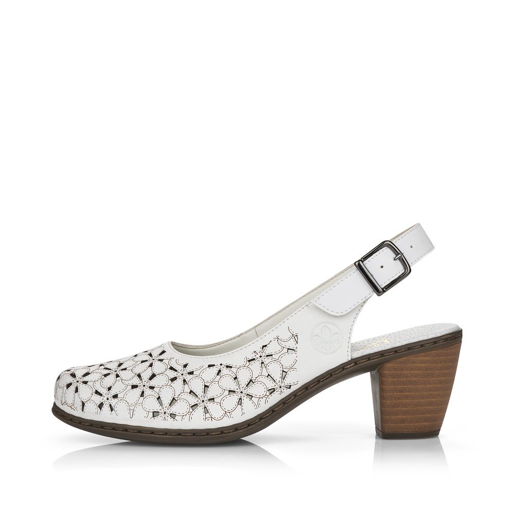 White Rieker women´s slingback pumps 40981-80 with a hook and loop fastener. Outside of the shoe.