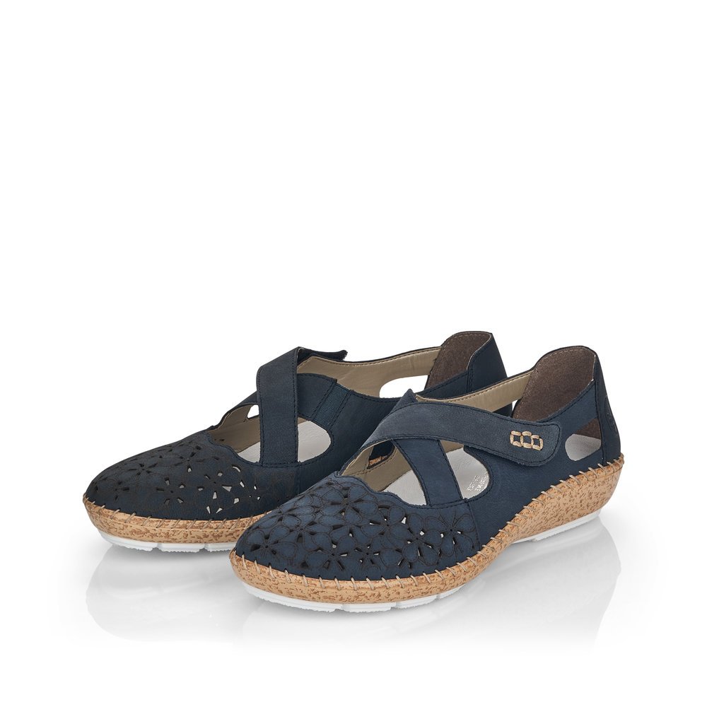 Blue Rieker women´s ballerinas 44856-14 with a hook and loop fastener. Shoes laterally.
