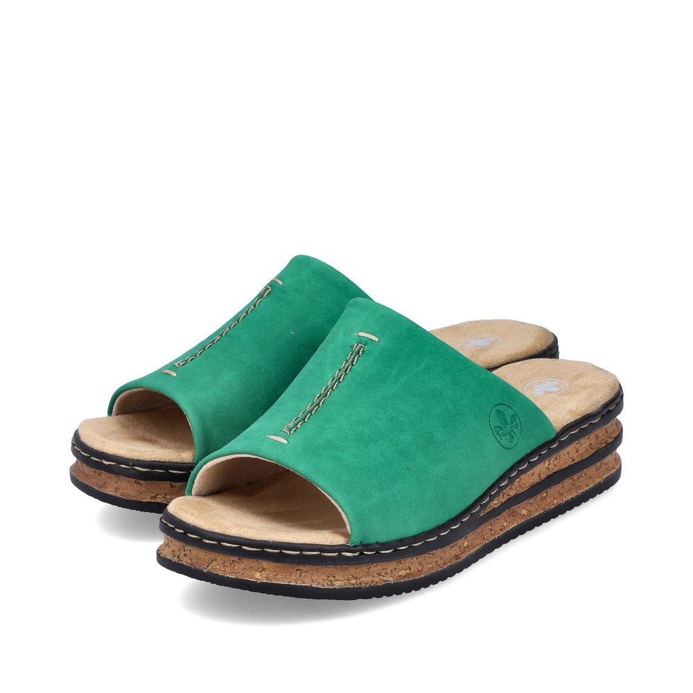 Grass green Rieker women´s mules 62905-52 with the slim fit E 1/2. Shoes laterally.