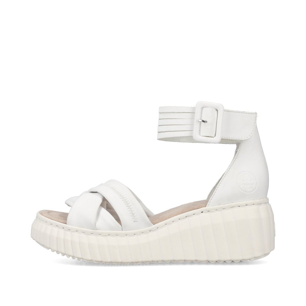 White Rieker women´s wedge sandals 64159-80 with a hook and loop fastener. Outside of the shoe.