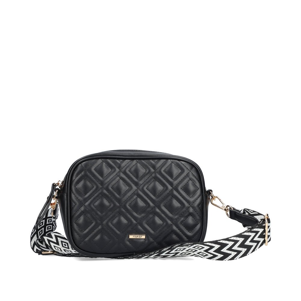 Rieker handbag H1500-00 in black with quilted look in diamond pattern and zipper. Front.