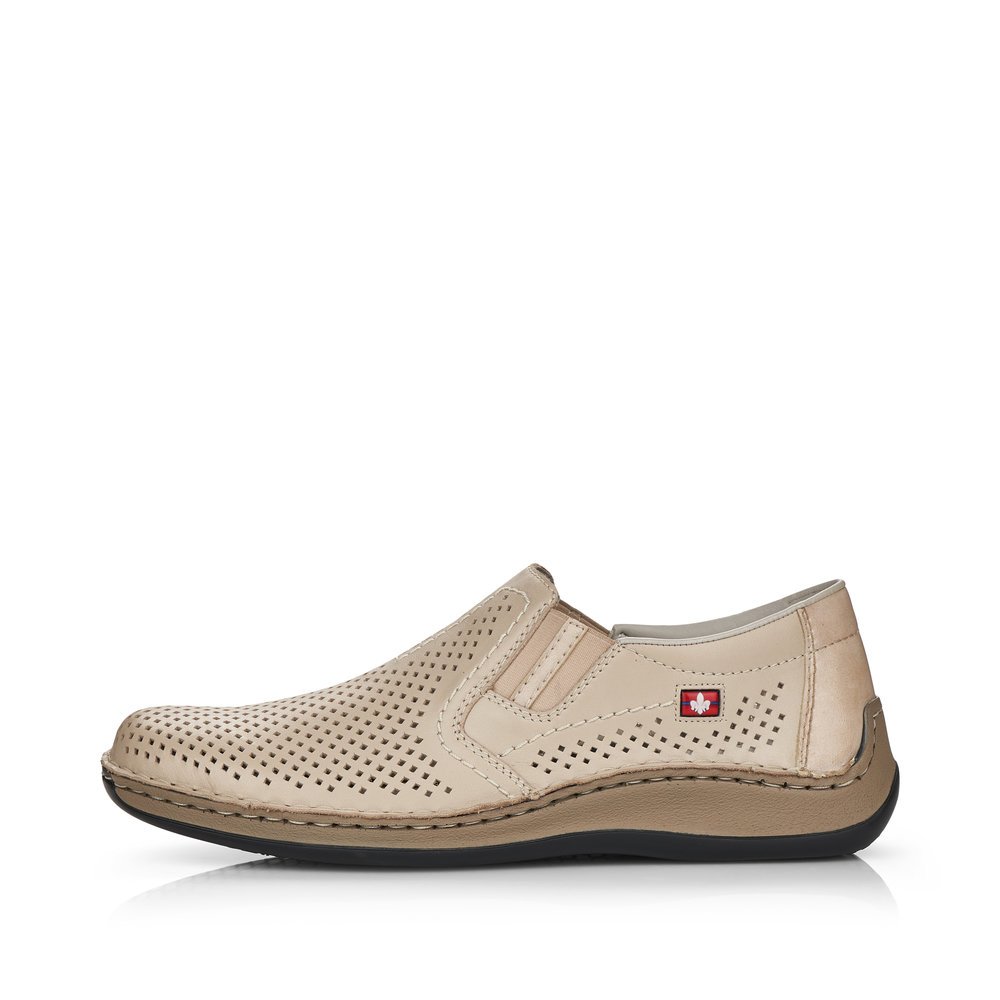 Beige Rieker men´s slippers 05297-60 with elastic insert as well as perforated look. Outside of the shoe.