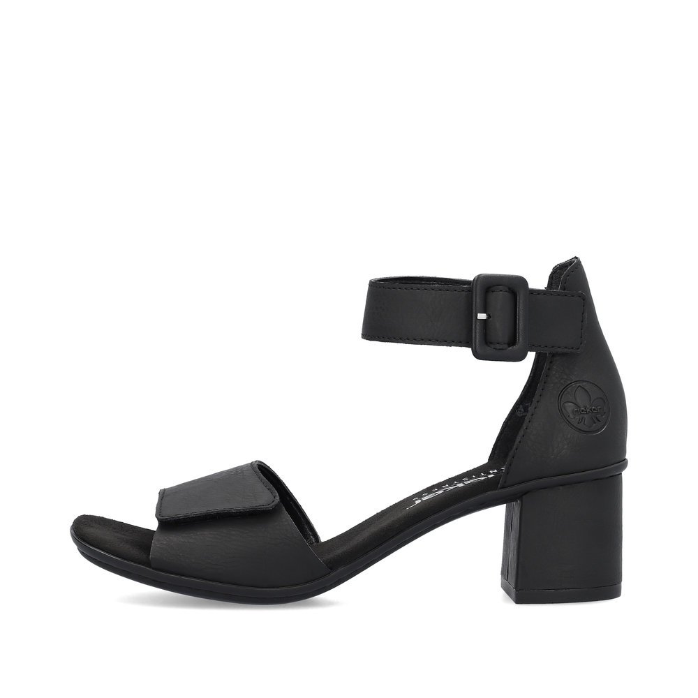 Black Rieker women´s strap sandals 64750-00 with a hook and loop fastener. Outside of the shoe.