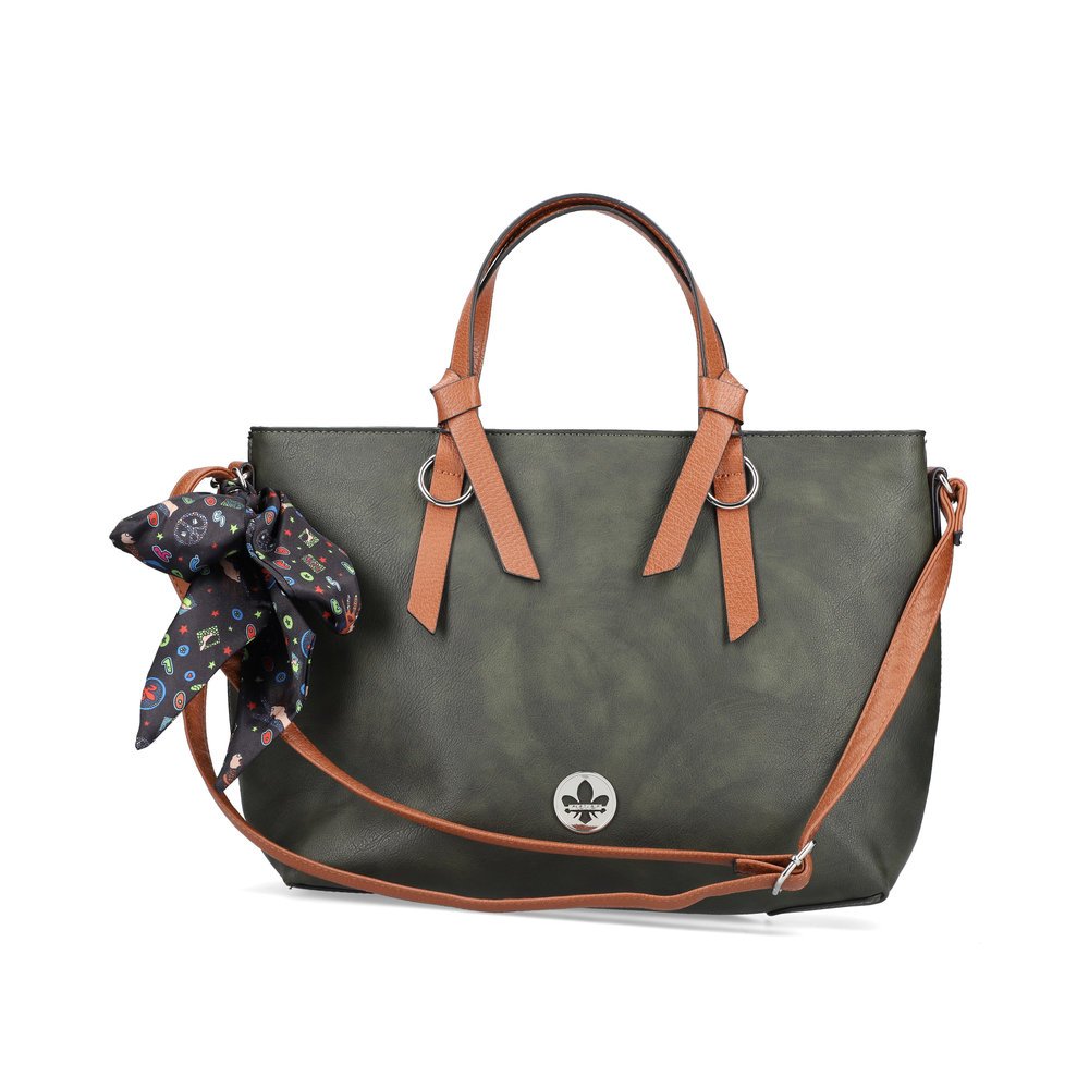 Rieker women´s shopper H1507-54 in green-brown made of imitation leather with zipper from the front.