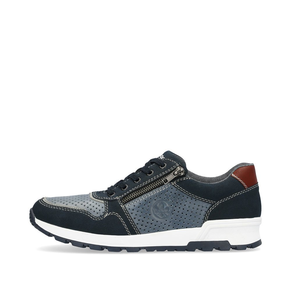 Blue Rieker men´s low-top sneakers 15117-14 with zipper as well as perforated look. Outside of the shoe.