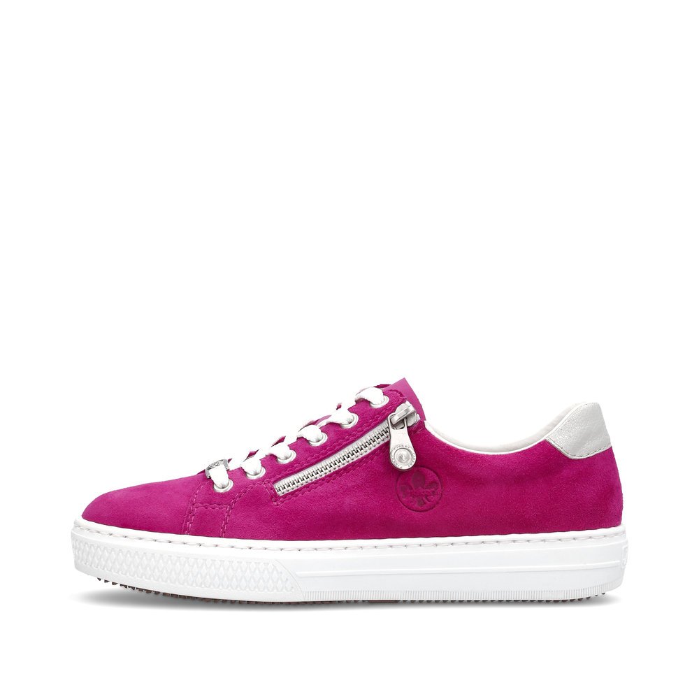 Pink Rieker women´s low-top sneakers L59L1-31 with a zipper. Outside of the shoe.