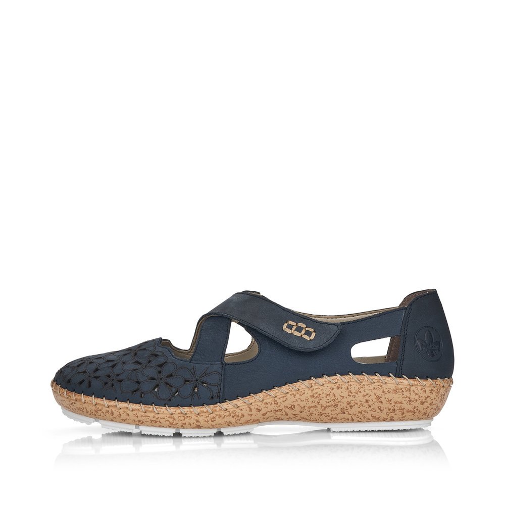 Blue Rieker women´s ballerinas 44856-14 with a hook and loop fastener. Outside of the shoe.
