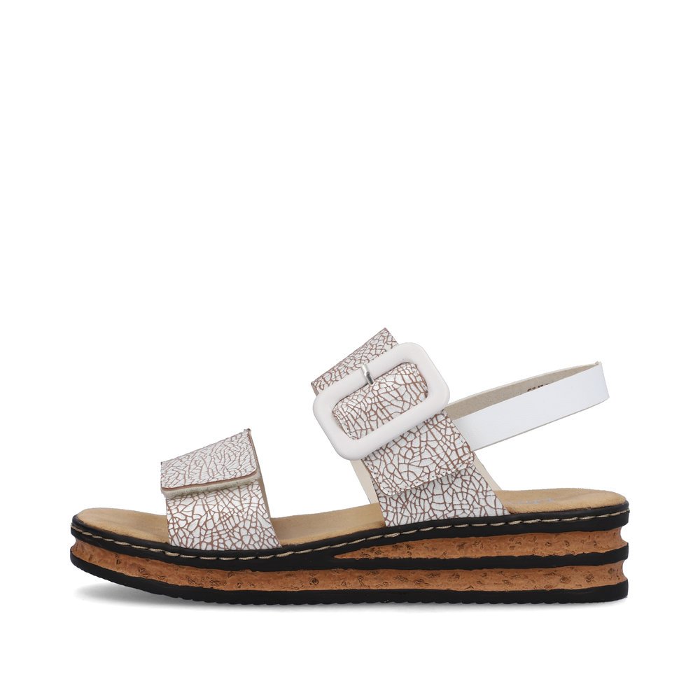 Ice white Rieker women´s wedge sandals 62950-80 with a hook and loop fastener. Outside of the shoe.