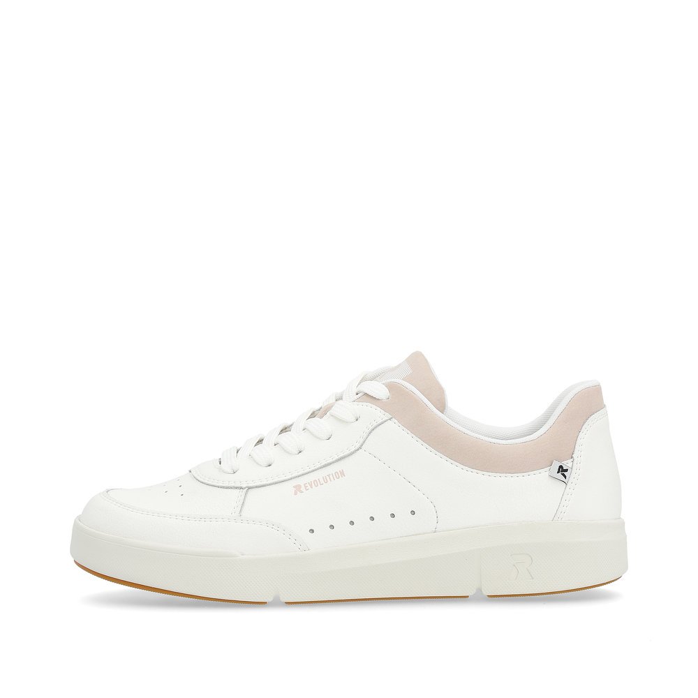 White Rieker women´s low-top sneakers 41910-80 with a super light and flexible sole. Outside of the shoe.