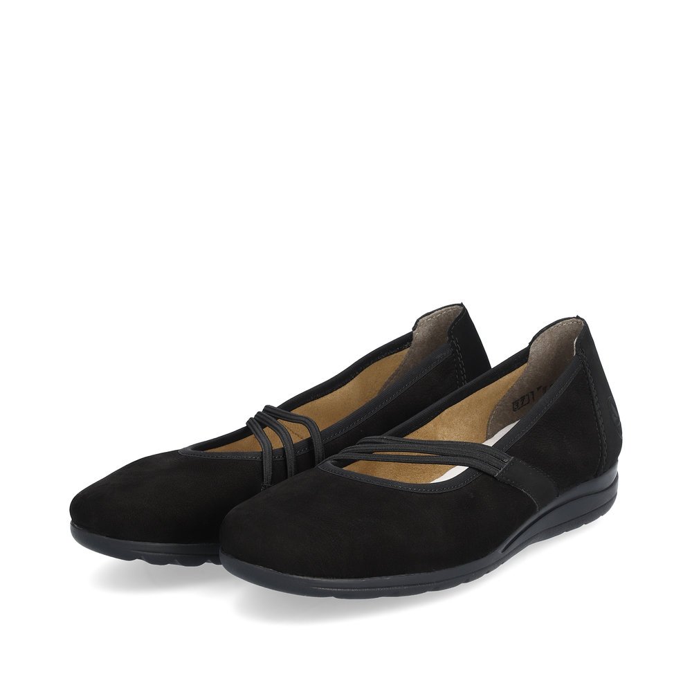 Night black Rieker women´s ballerinas L9369-00 with an elastic insert. Shoes laterally.