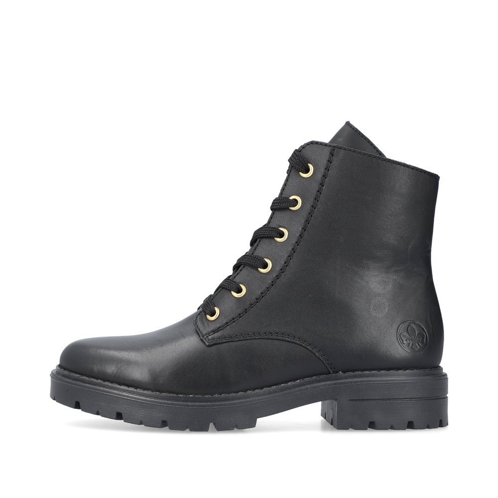 Glossy black Rieker women´s biker boots Z2841-00 with lacing and zipper. The outside of the shoe