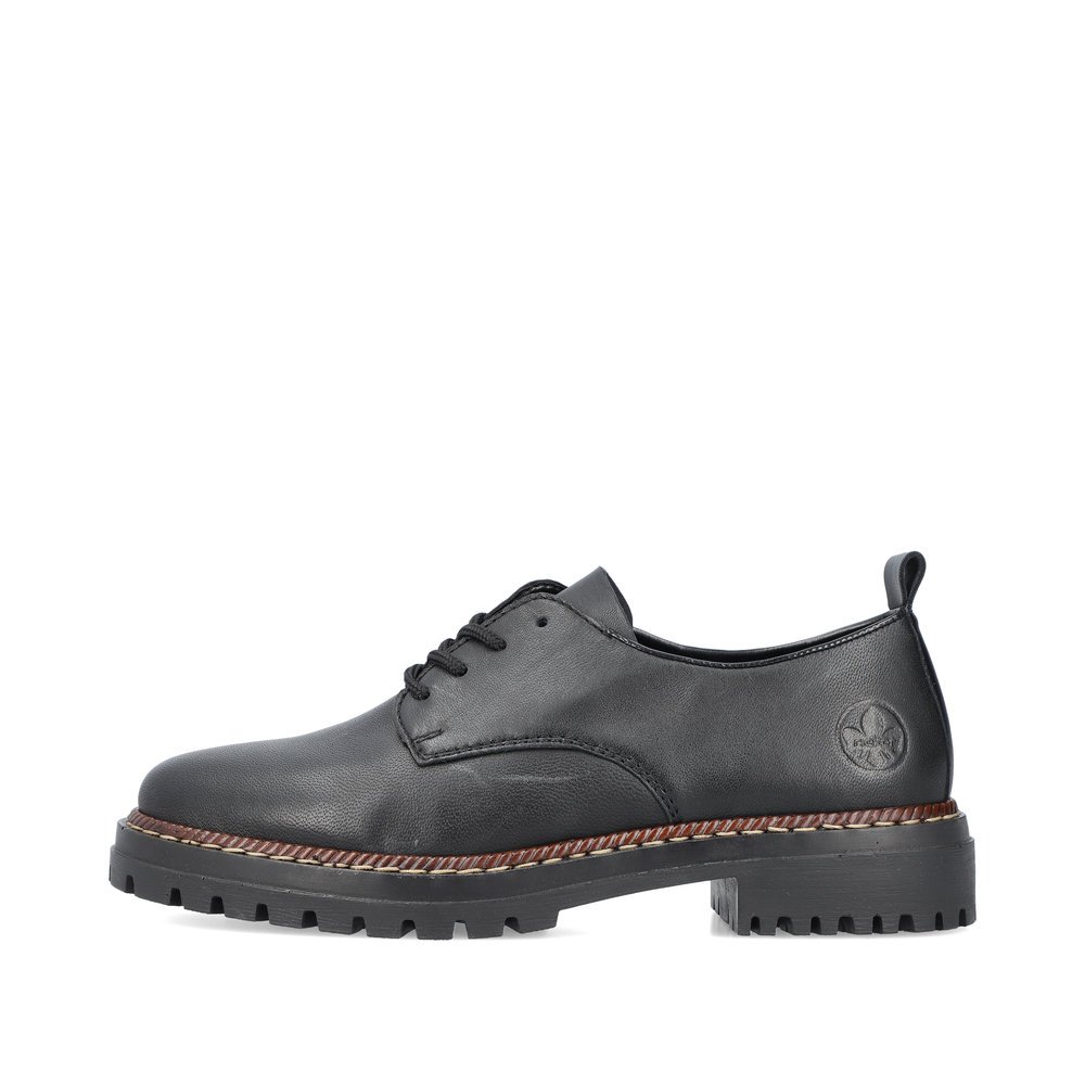 Night black Rieker women´s lace-up shoes 52052-00 with lacing as well as light sole. The outside of the shoe