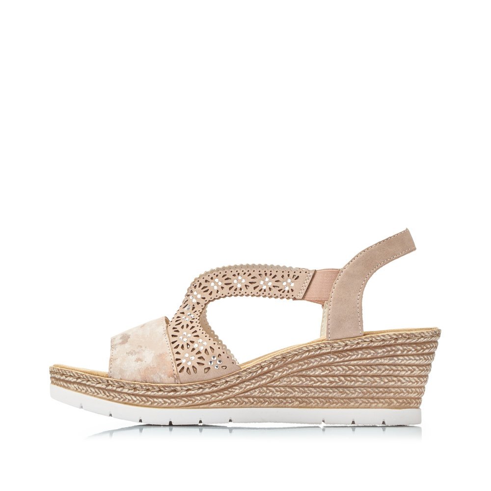 Pink Rieker women´s wedge sandals 61916-31 with an elastic insert. Outside of the shoe.