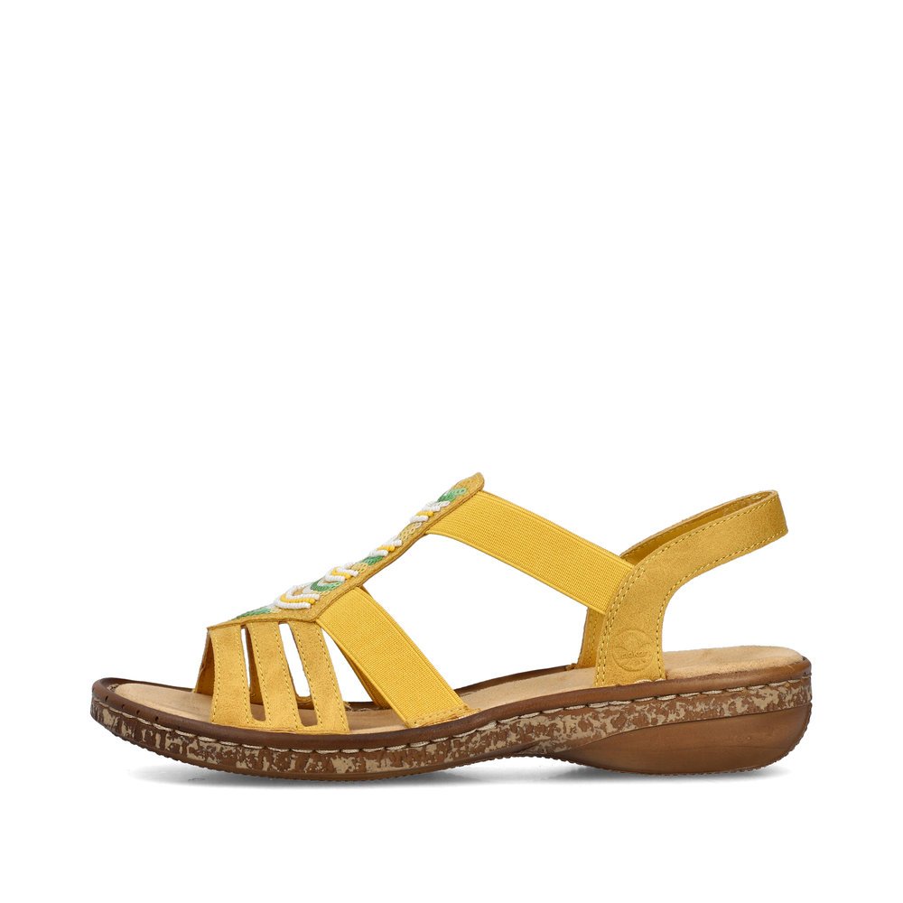 Rieker sandales à lanières jaunes femmes 62808-68 avec insert élastique. Côté extérieur de la chaussure.