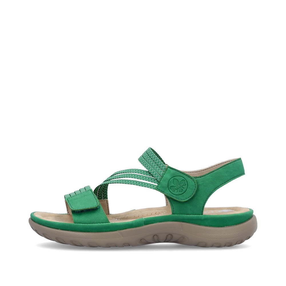 Rieker sandales à lanières vertes femmes 64870-54 avec fermeture velcro. Côté extérieur de la chaussure.