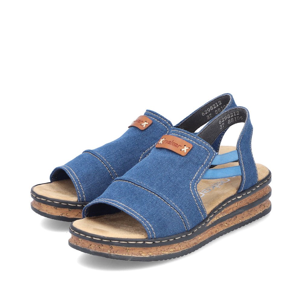 Blue vegan Rieker women´s wedge sandals 62982-12 with an elastic insert. Shoes laterally.