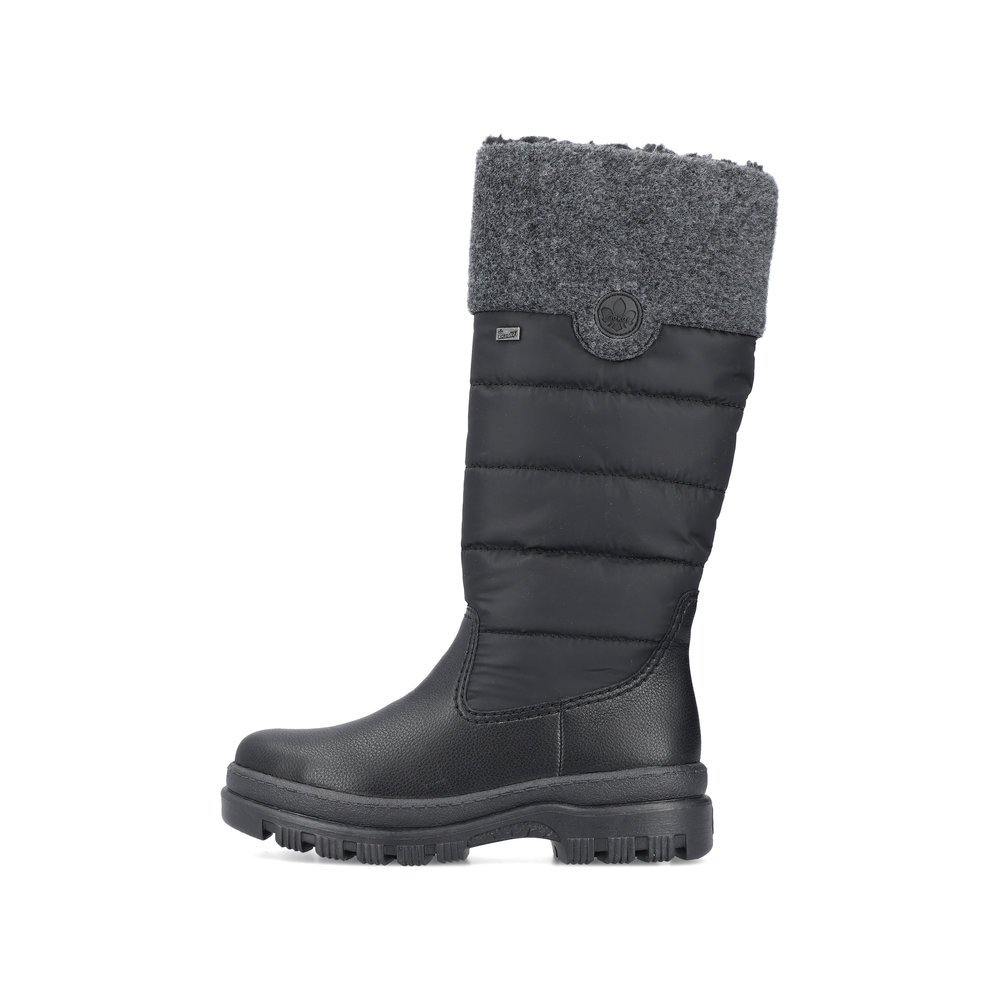 Graphite black Rieker women´s high boots X9090-00 with robust profile sole. The outside of the shoe