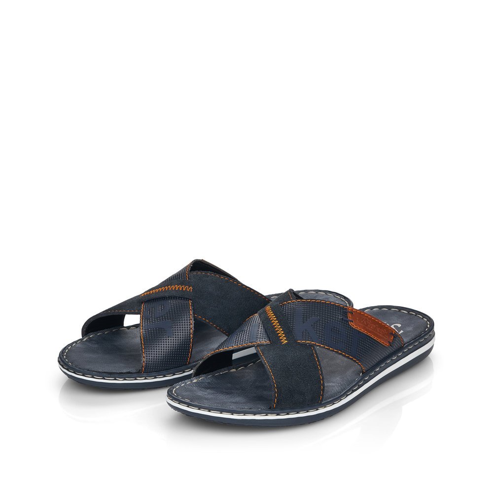 Ocean blue Rieker men´s mules 21098-14 with comfort width G as well as light sole. Shoes laterally.