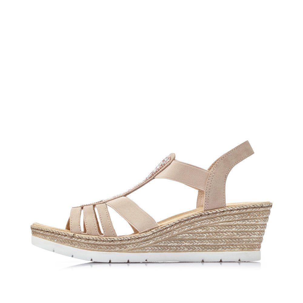 Pink Rieker women´s wedge sandals 61913-31 with an elastic insert. Outside of the shoe.