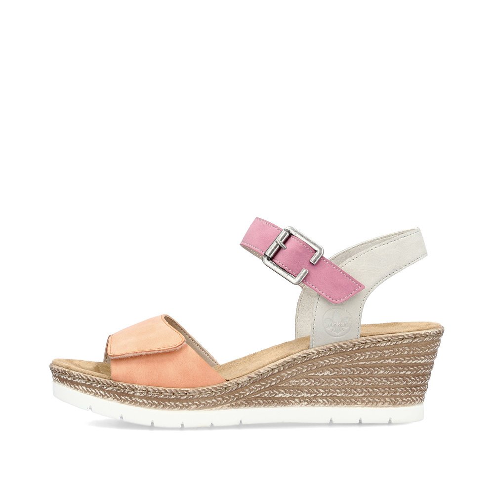 Orange Rieker women´s wedge sandals 61960-90 with a hook and loop fastener. Outside of the shoe.
