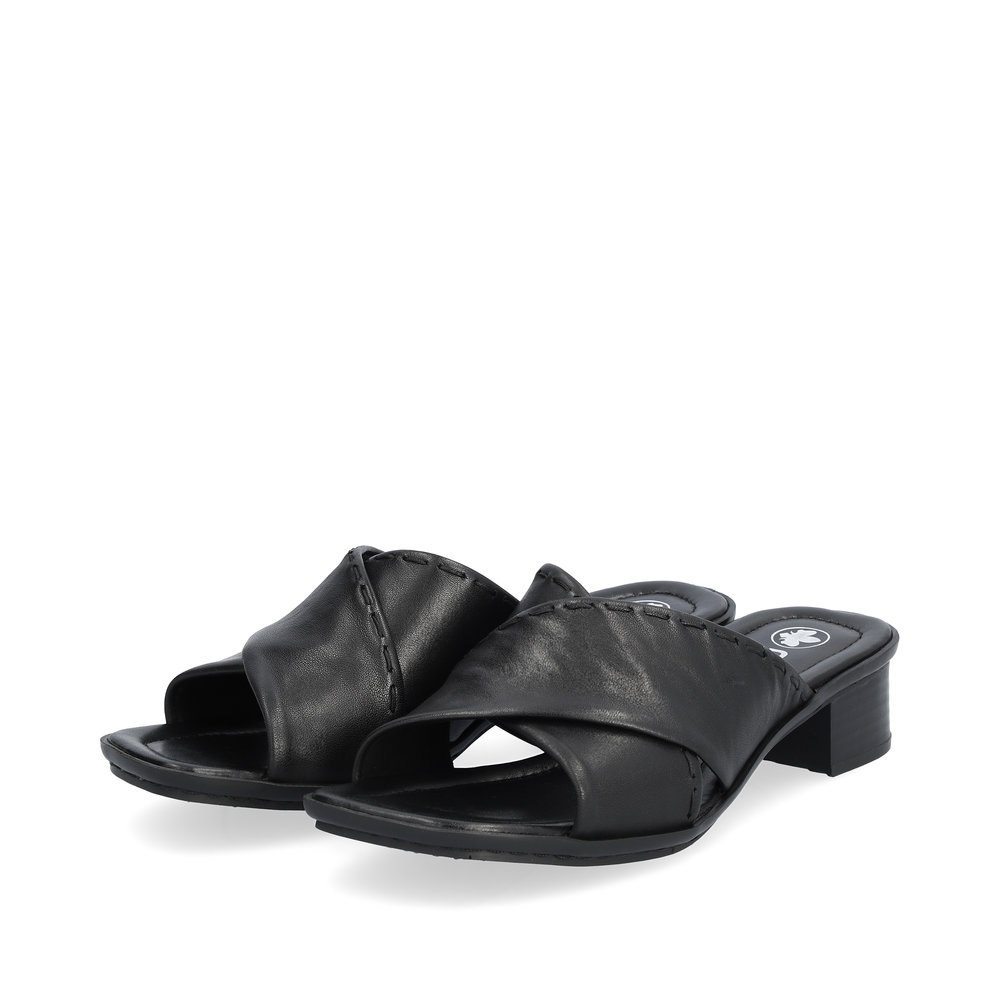 Asphalt black Rieker women´s mules 62690-00 with the slim fit E 1/2. Shoes laterally.