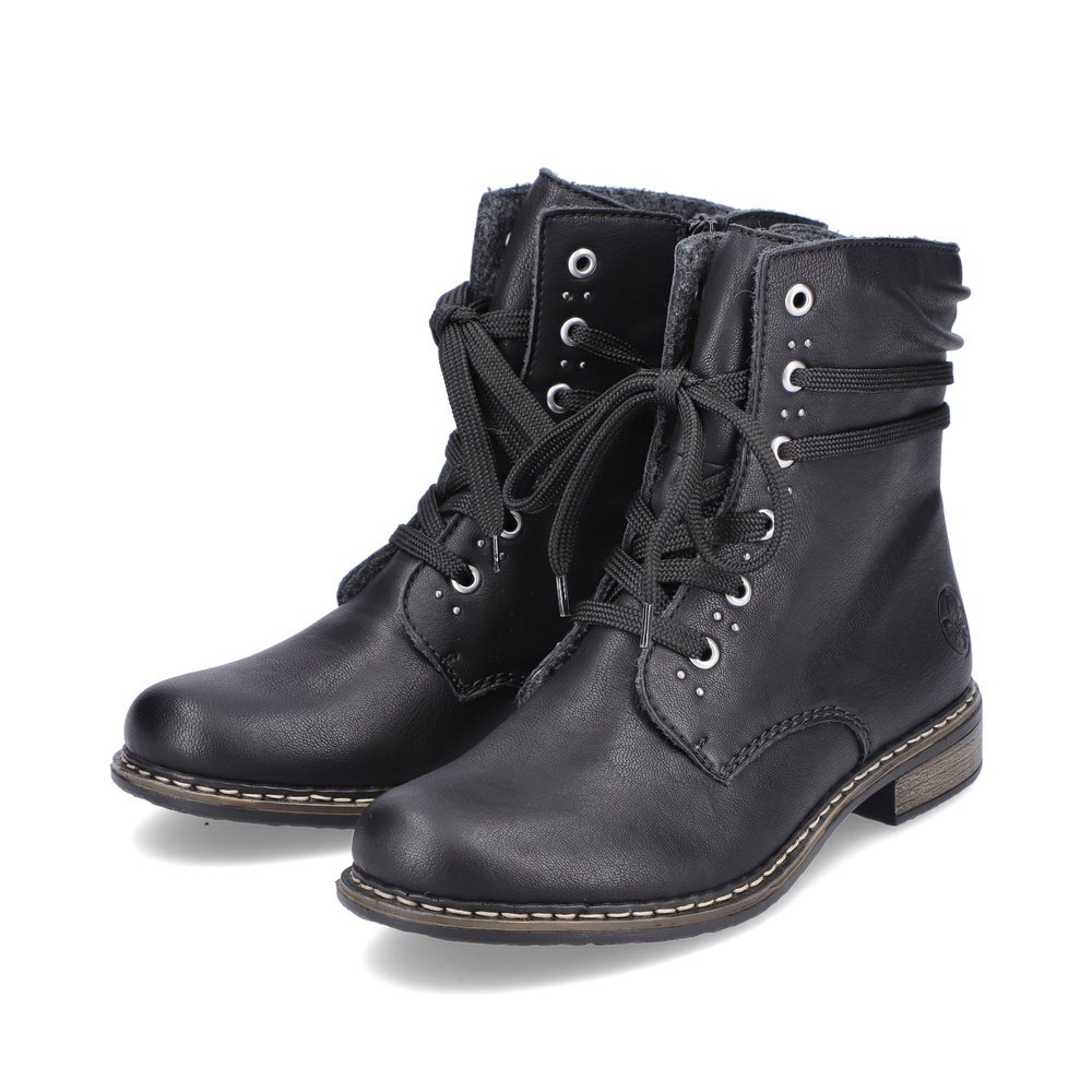 Asphalt black Rieker women´s lace-up boots 71218-00 with lacing and zipper. Shoe laterally