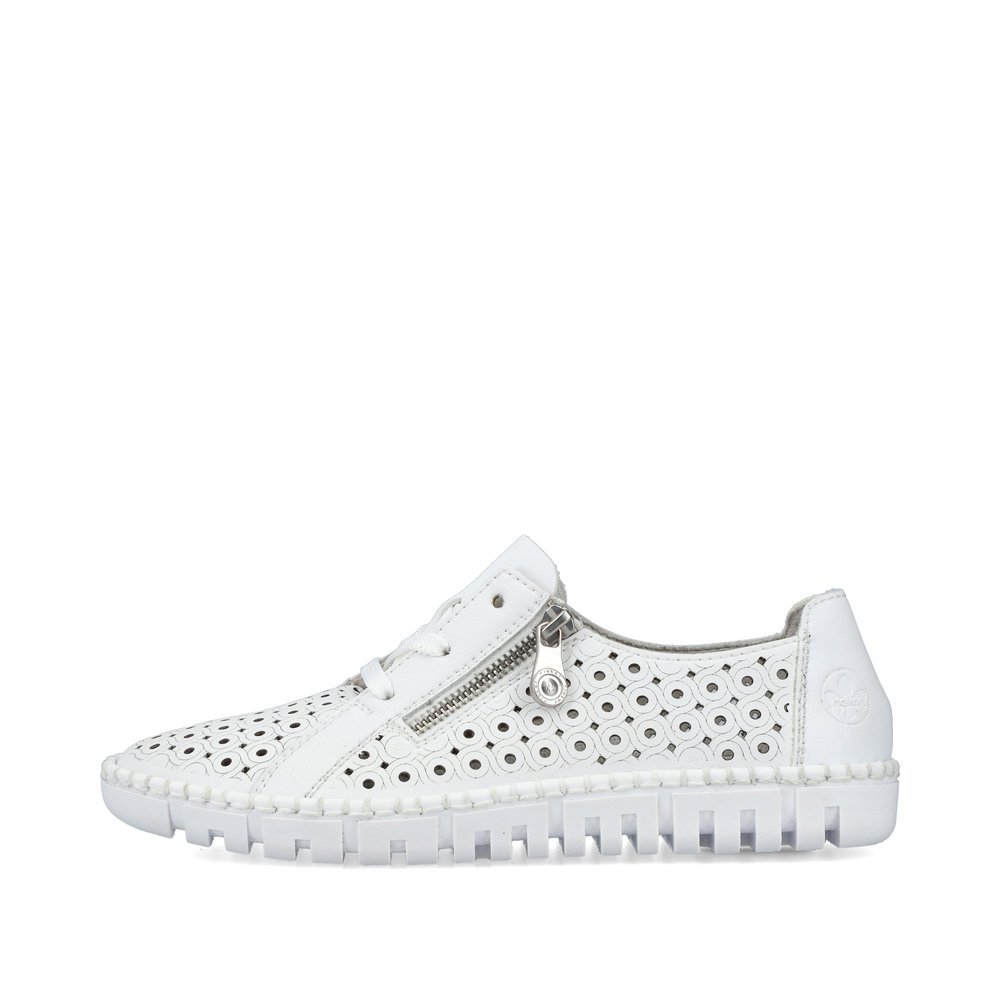 White Rieker women´s lace-up shoes M2300-80 with zipper as well as perforated look. Outside of the shoe.