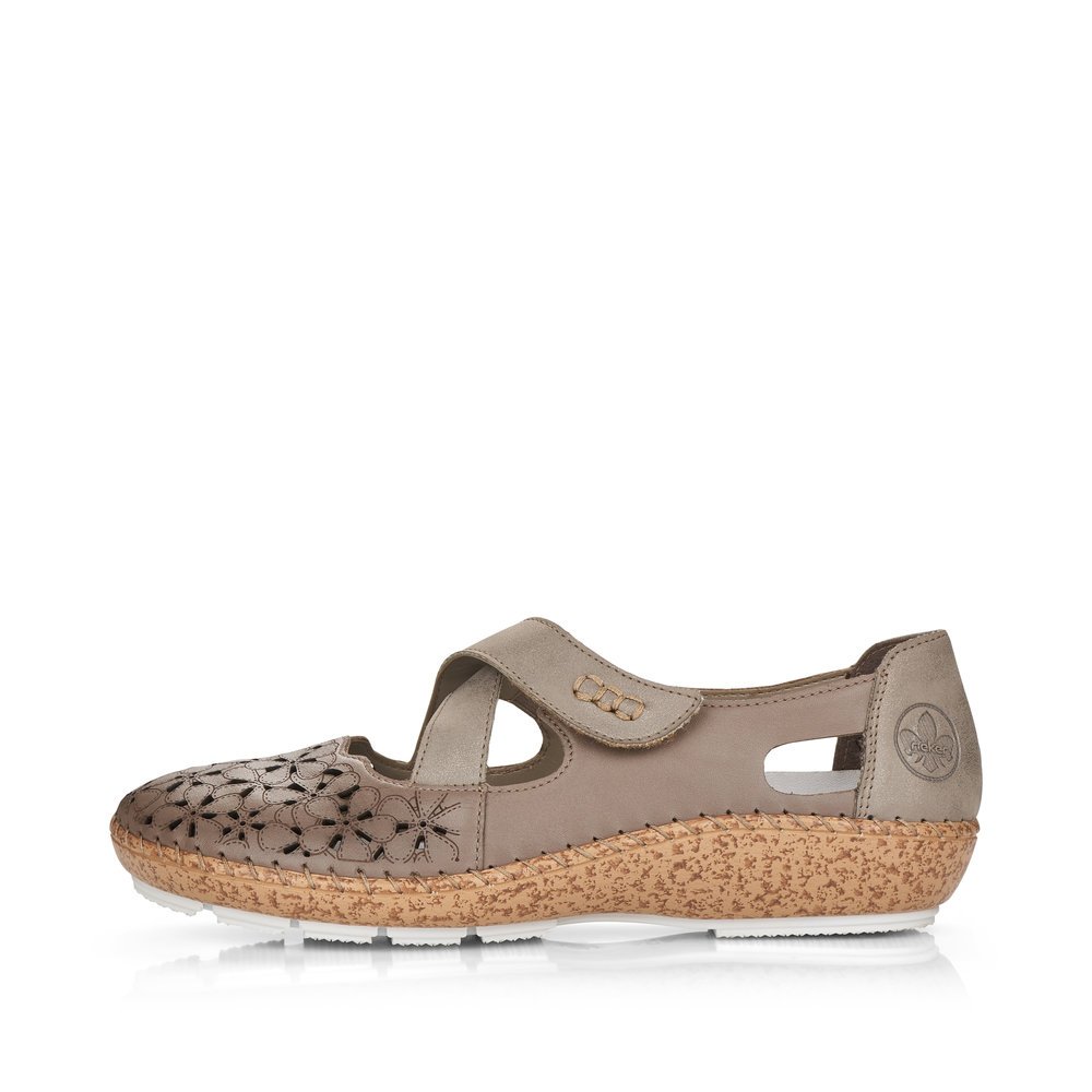 Clay beige Rieker women´s ballerinas 44856-64 with a hook and loop fastener. Outside of the shoe.